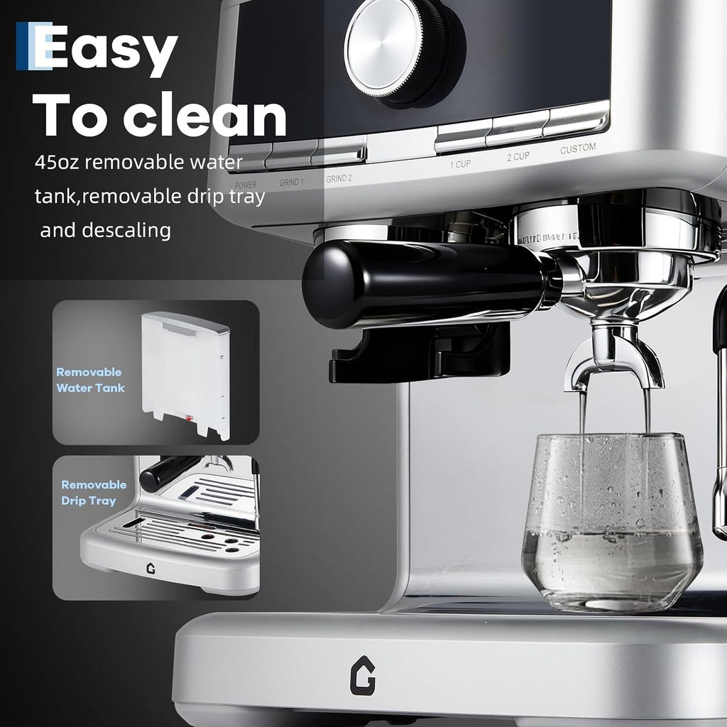 Garvee 20 Bar Pressure Stainless Steel Espresso Machine with Grinder, 1.5L Removable Water Tank, Milk Frother Steam Wand for Latte/Cappuccino - Adjustable Shot Volume, Professional Home/Office Use