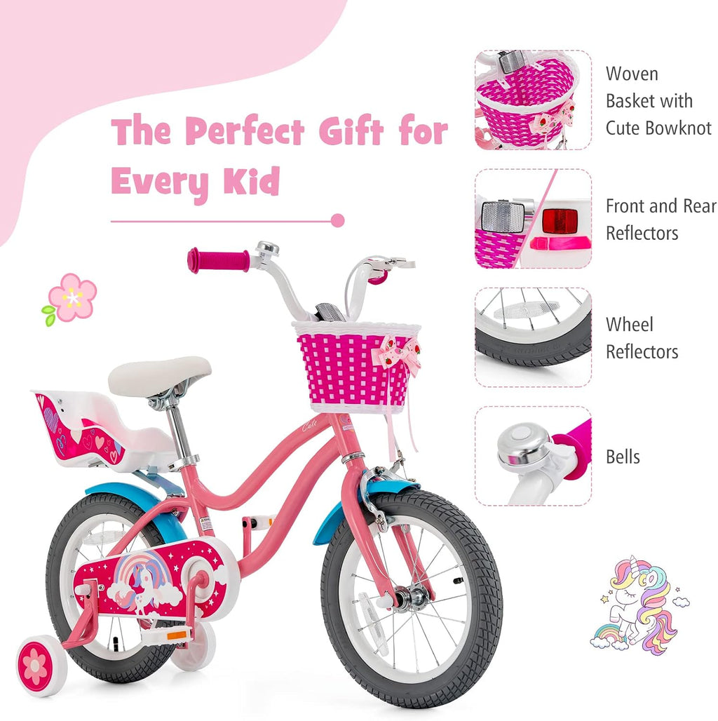BABY JOY Kids Bike, 12 14 16 18 20 Inch Girls Bike w/Detachable Training Wheels or Kickstand, Storage Basket, Adjustable Seat & Handlebar, Bow or Streamer, Children Bicycle for 3-8 Years Old