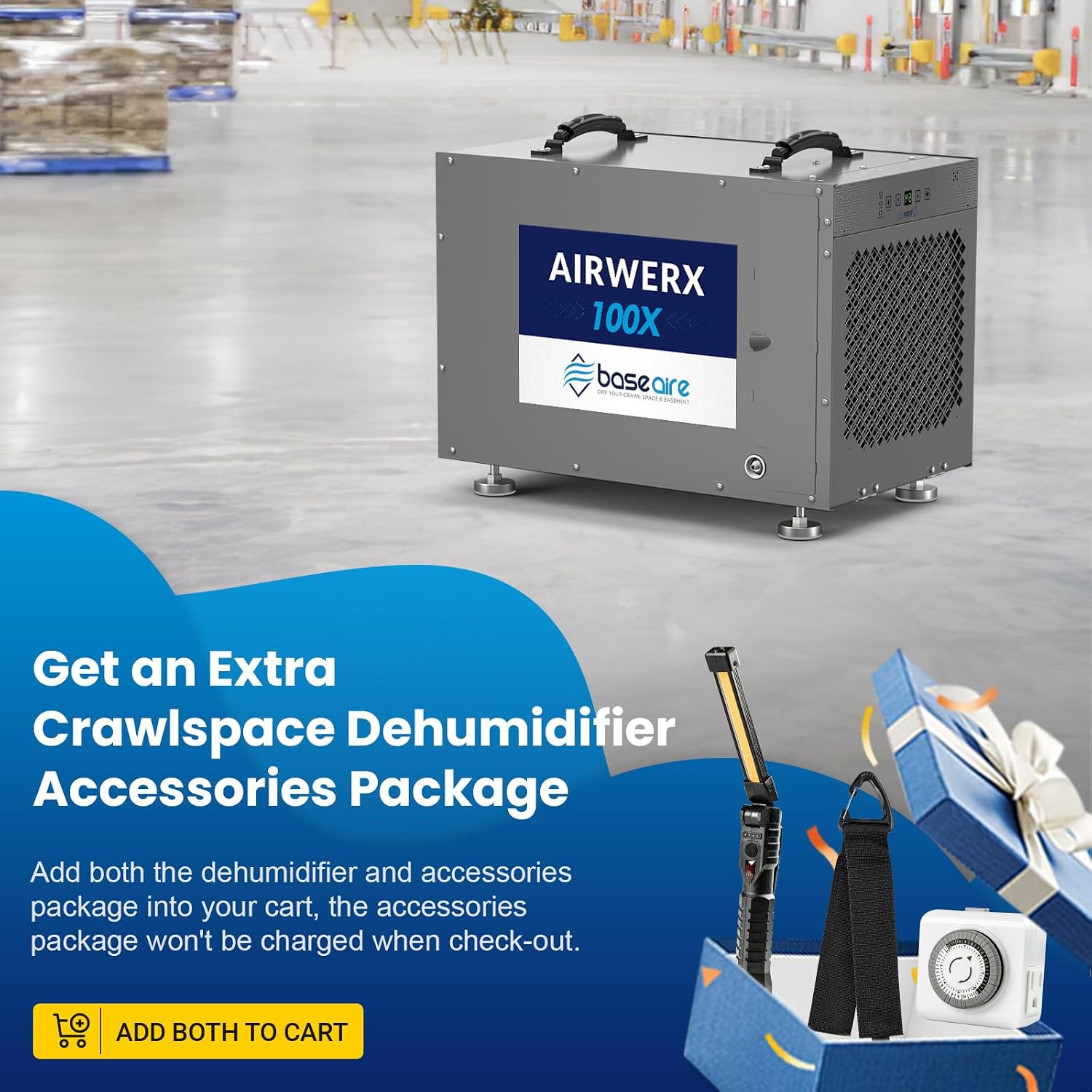 BaseAire 220 Pints Crawlspace Dehumidifiers with Pump and Drain Hose, Commercial Dehumidifier for Home,Garage and Basement, Large Capacity, Compact, Auto Defrost, Intelligent Control, Up to 2900 Sq Ft