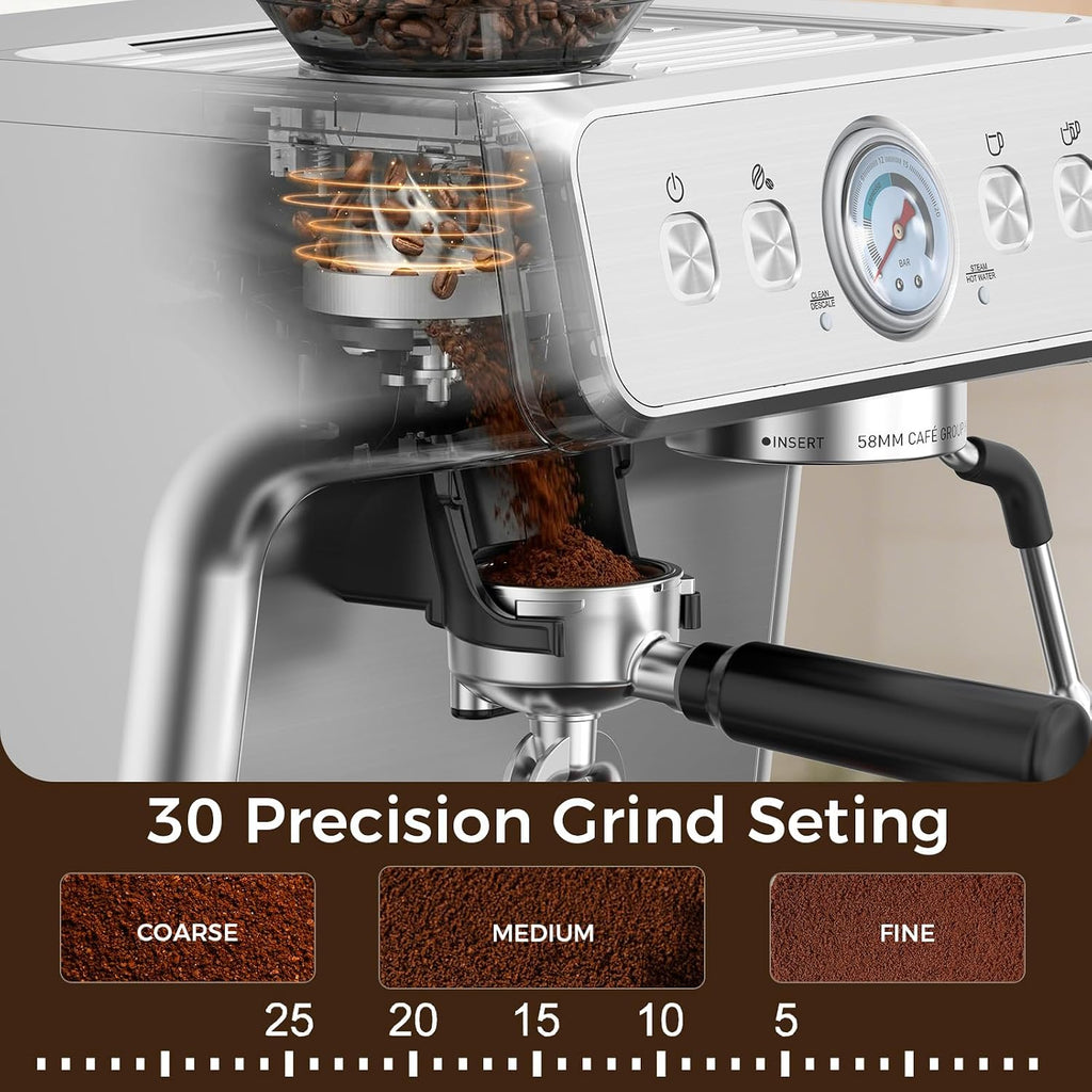 Electactic 15 Bar Espresso Machine with Grinder & Milk Frother, 58mm Expresso Coffee machines, Stainless Steel Coffee Maker for Cappuccino and Latte, Perfect for Home and Café Use-Dual Boiler