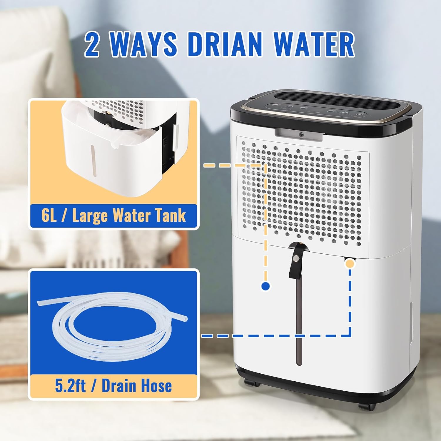 WANAI 50 Pint Portable Dehumidifier with Drain Hose for Basements, 4,500 Sq. Ft. Dehumidifiers Auto Drain or Manual Drainage, Quiet Dehumidifier for Home with 6L Water Tank