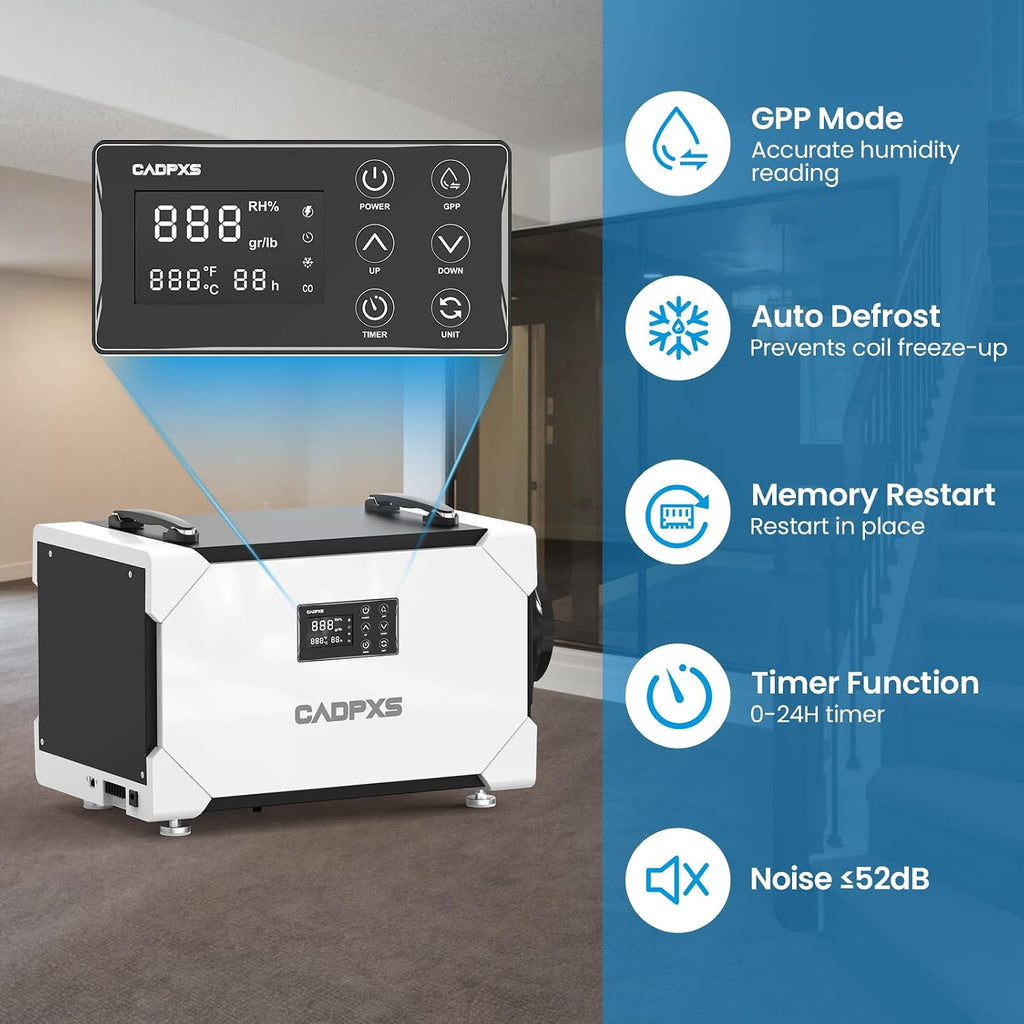 CADPXS Crawlspace Dehumidifier, 145 Pints Commercial Dehumidifier with Drain Hose for Crawl Spaces, Basements, Industrial and Water Damage, Large Capacity, Memory Restart, 5 Years Limited Warranty