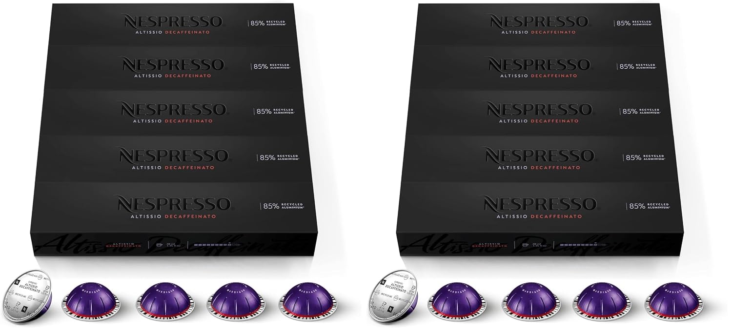 Nespresso Capsules Vertuo,Altissio Decaffeinato,Dark Roast Espresso,50-Count Espresso Pods,Brews 1.35 oz.,(Pack of 2)