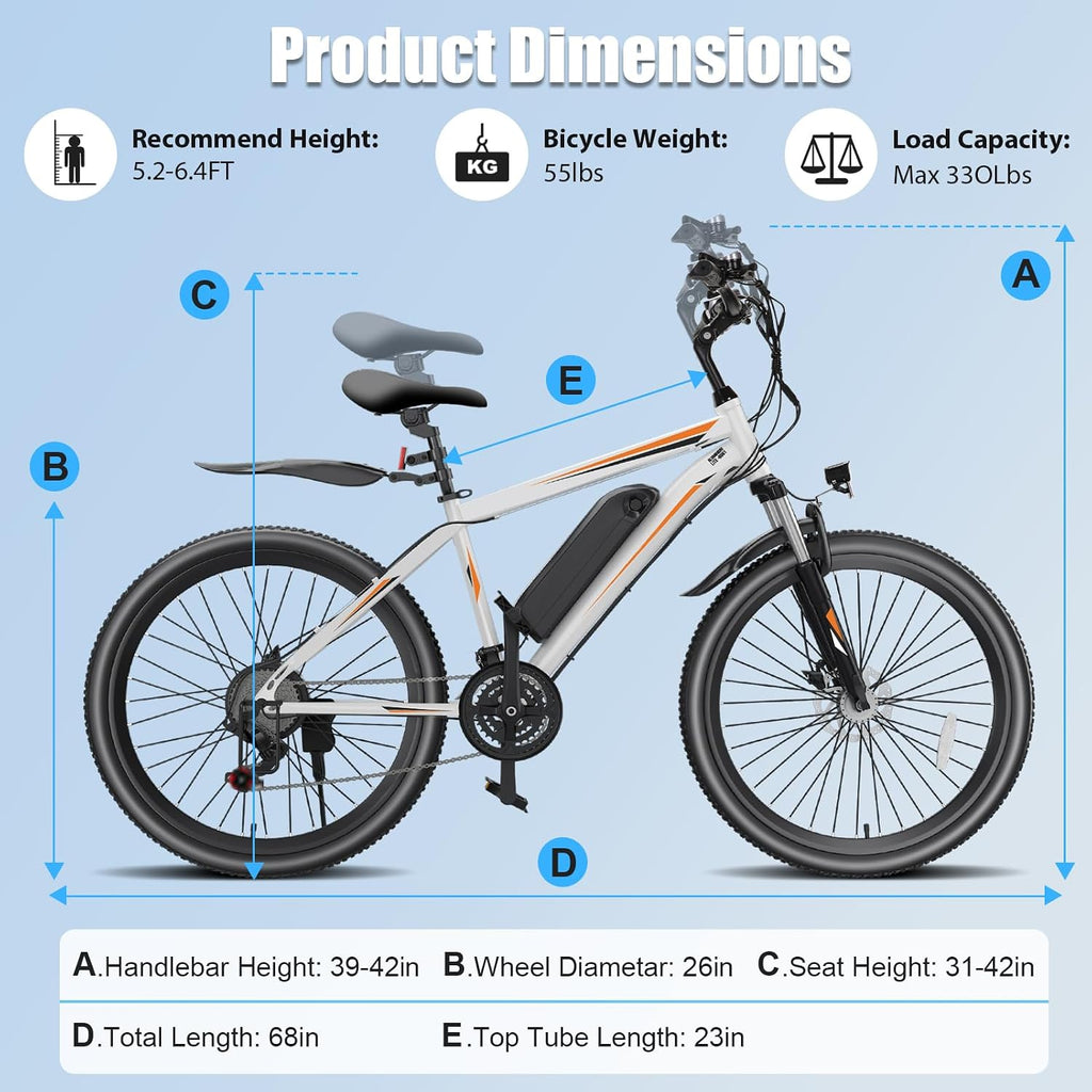 GOCIO 500W Electric Bike 26' Mountain Bicycle Adults Cruise Control Pedal Assist 48V 375Wh Battery 21-Speed E-Bike UL2849