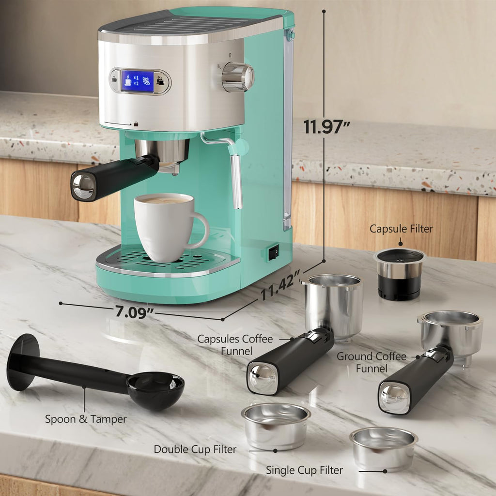 20 Bar Espresso Machine Semi-Automatic, Professional Coffee Maker with Milk Frother Steam Wand & 45OZ Removable Water Tank, Home Barista System for Cappuccino, Latte, Americano-Stainless Steel-Green