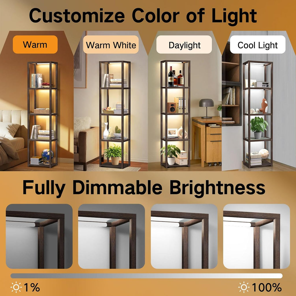 OUTON 67' Glass Display Shelf with Dimmable LED Floor Lamp, Collectibles Display Cabinet with Remote & App Control, 5 Tier Open Bookshelf Lamp for Living Room, Bedroom, Office, Home Decor, Walnut