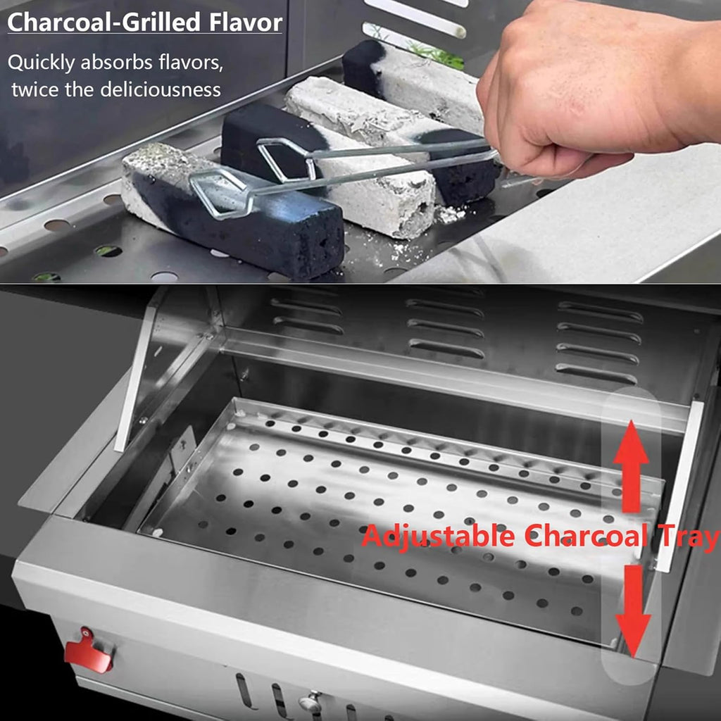 Built-In Stainless Steel Charcoal Grill for Outdoor Kitchen,28 Inch Large Charcoal BBQ Grills with Liftable Tray,Insulated Hood,Temperature Gauge & Cover for Camping,Patio,Park(Glass Square Lid)