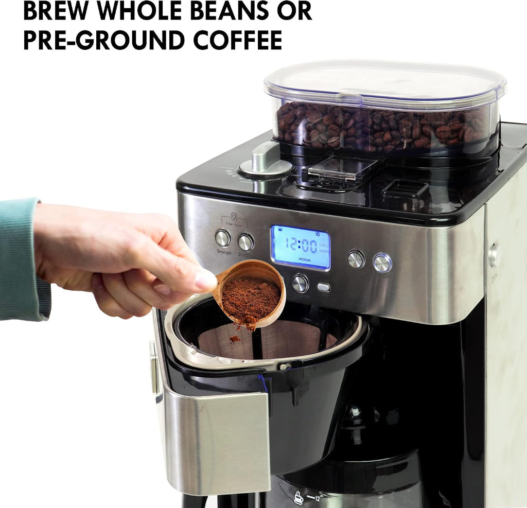 Kenmore Elite Grind and Brew Coffee Maker w/ Burr Grinder, 12 Cup Programmable Automatic Timer Brew Coffee Machine, Air-Tight Bean Hopper, Grind Size and Brew Strength Selectors, Stainless Steel