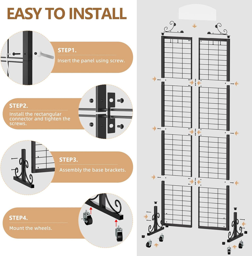 Urban Deco 3 Packs Grid Wall Panel Display Stand, 2.2' x 6.2' FT Gridwall Panel with Extra 24 Hooks, Craft Show Display Rack Black Metal Grids Standing Wire Rack for Retail Merchandise