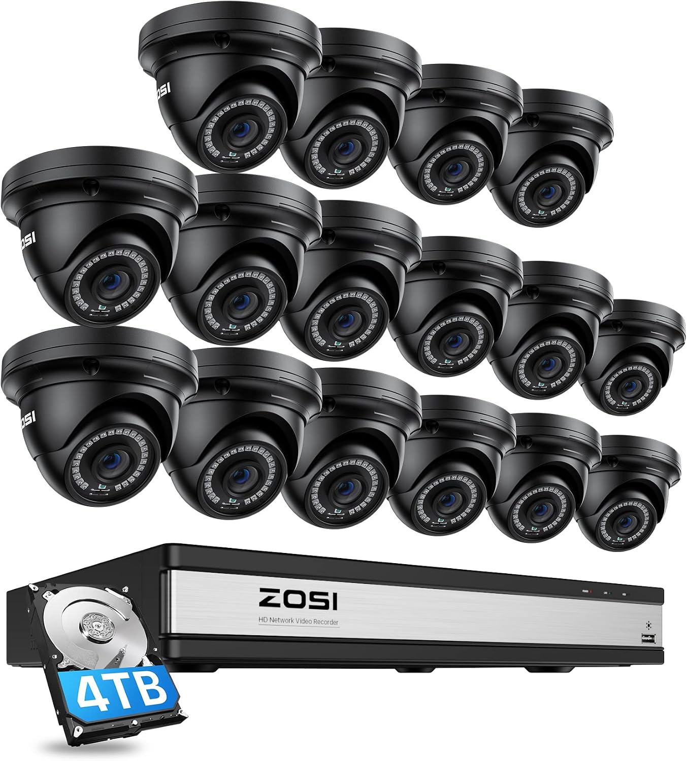 ZOSI H.265+ 4K 16CH PoE Security Camera System, 16 X Wired 5MP (3K) Dome PoE IP Cameras Outdoor Indoor, 16CH NVR with 4TB HDD for 24/7 Recording, 80ft Night Vision, Motion Detection, Remote Access