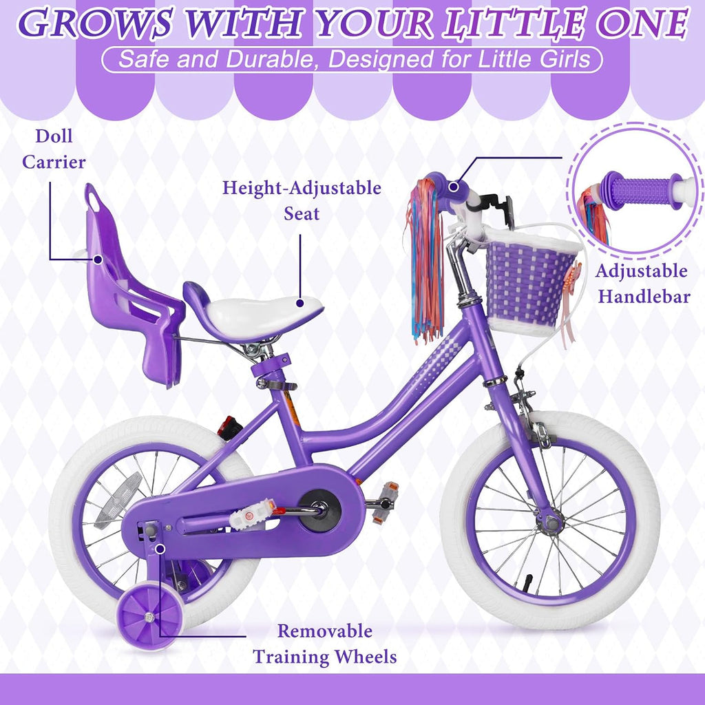 Glaf Toddler Girls Bike 12 14 16 20 Inch Girls Bike with Training Wheels Age 2-12 Years Old Bicycle Kids Bike with Basket and Doll Seat Adjustable Seat