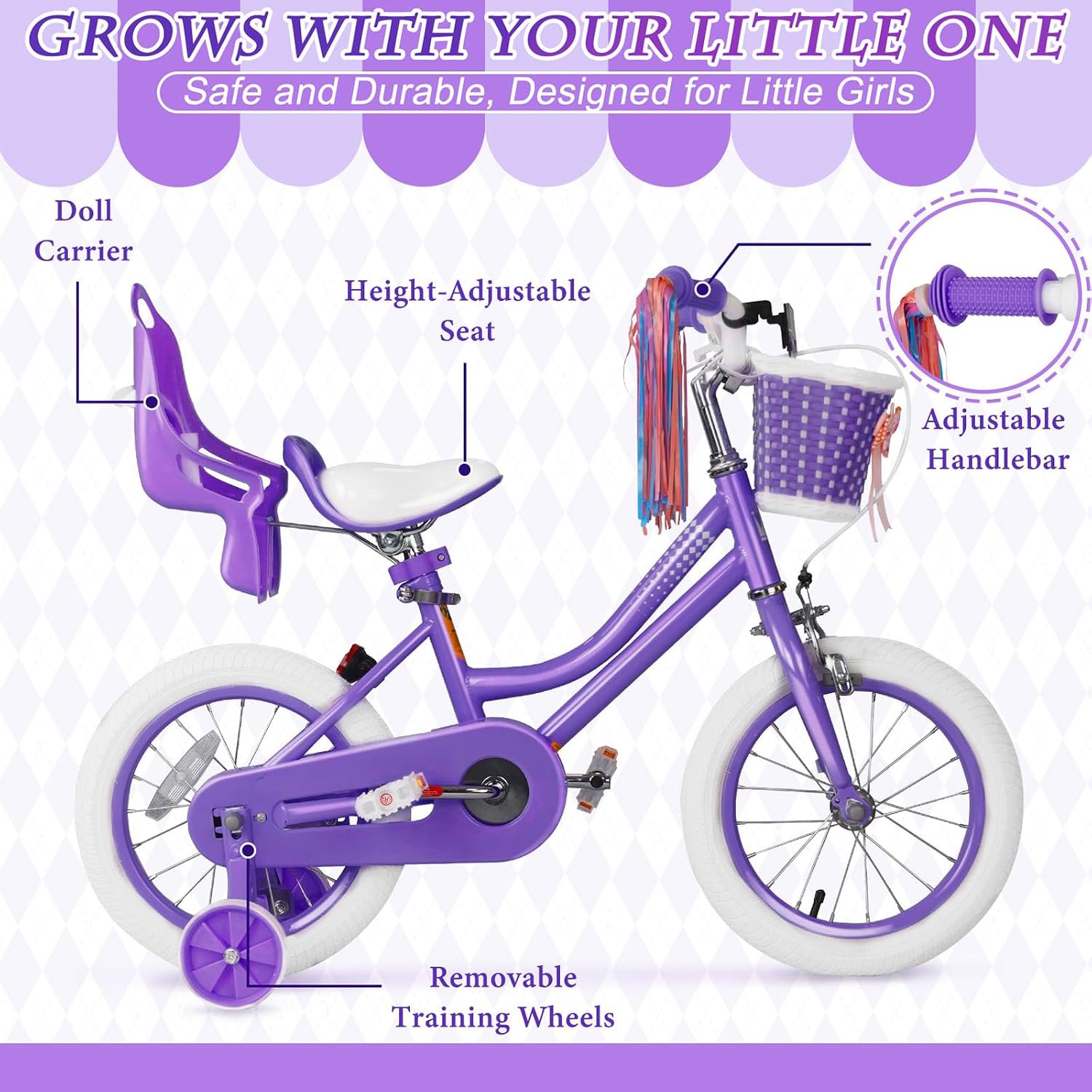 Glaf Toddler Girls Bike 12 14 16 20 Inch Girls Bike with Training Wheels Age 2-12 Years Old Bicycle Kids Bike with Basket and Doll Seat Adjustable Seat