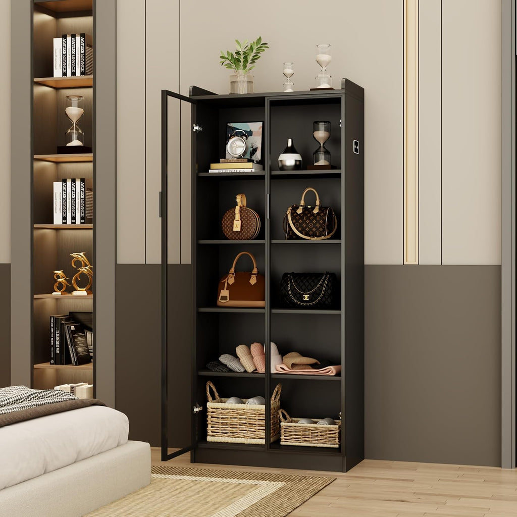 Dystler Display Cabinet with Doors and Adjustable Shelves, 65' Tall Bookcase with LED Lights/Human Sensor, 5 Tier Display Case for Collectibles Bedroom Living Room Office, Black