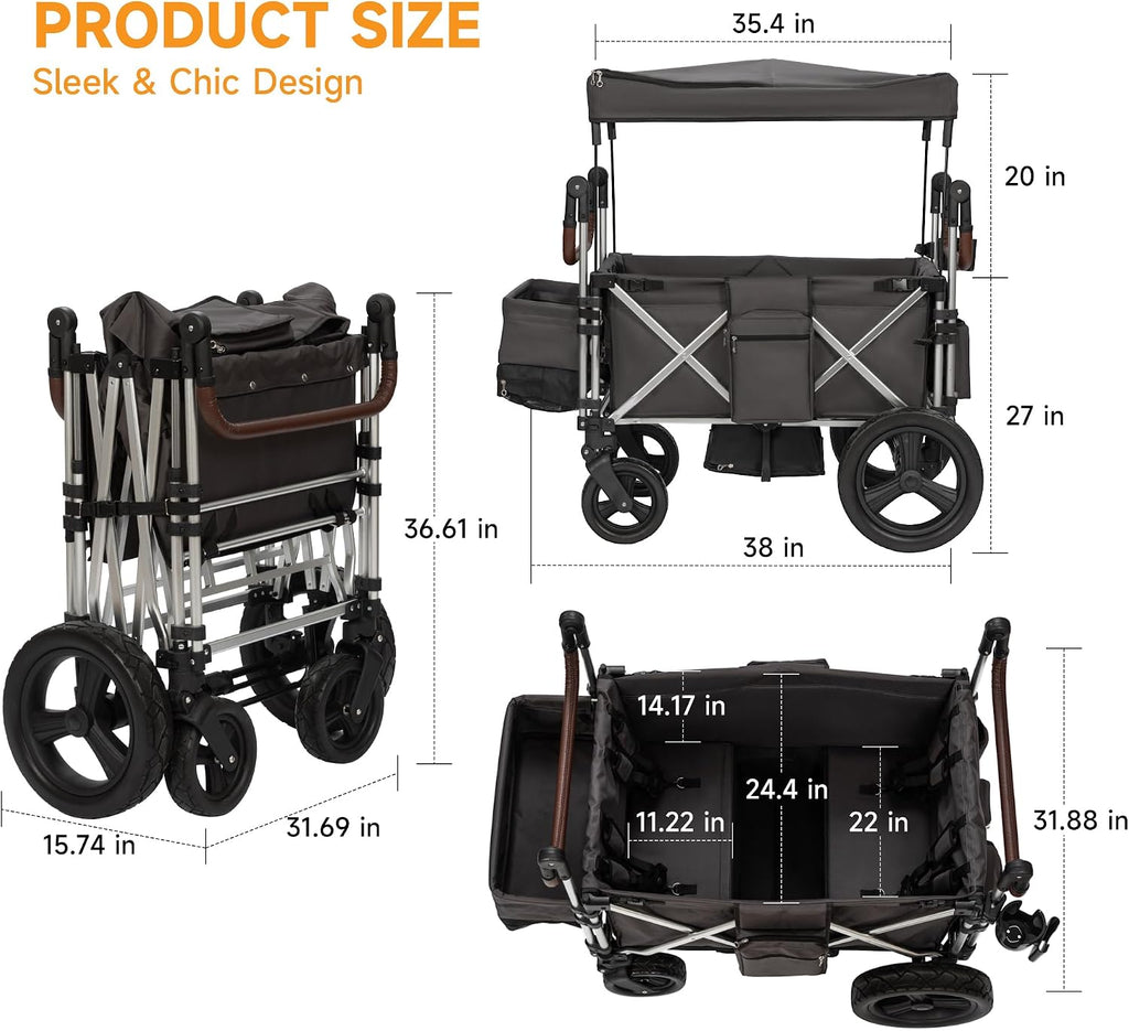 Stroller Wagon 4 Seater, Folding Push Wagon for 4 Kids, Collapsible with 5-Point Safety Belt and Canopy, Adjustable Handle, All-Terrain Mobility
