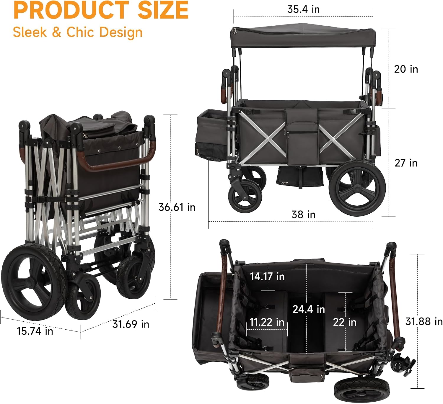 Stroller Wagon 4 Seater, Folding Push Wagon for 4 Kids, Collapsible with 5-Point Safety Belt and Canopy, Adjustable Handle, All-Terrain Mobility