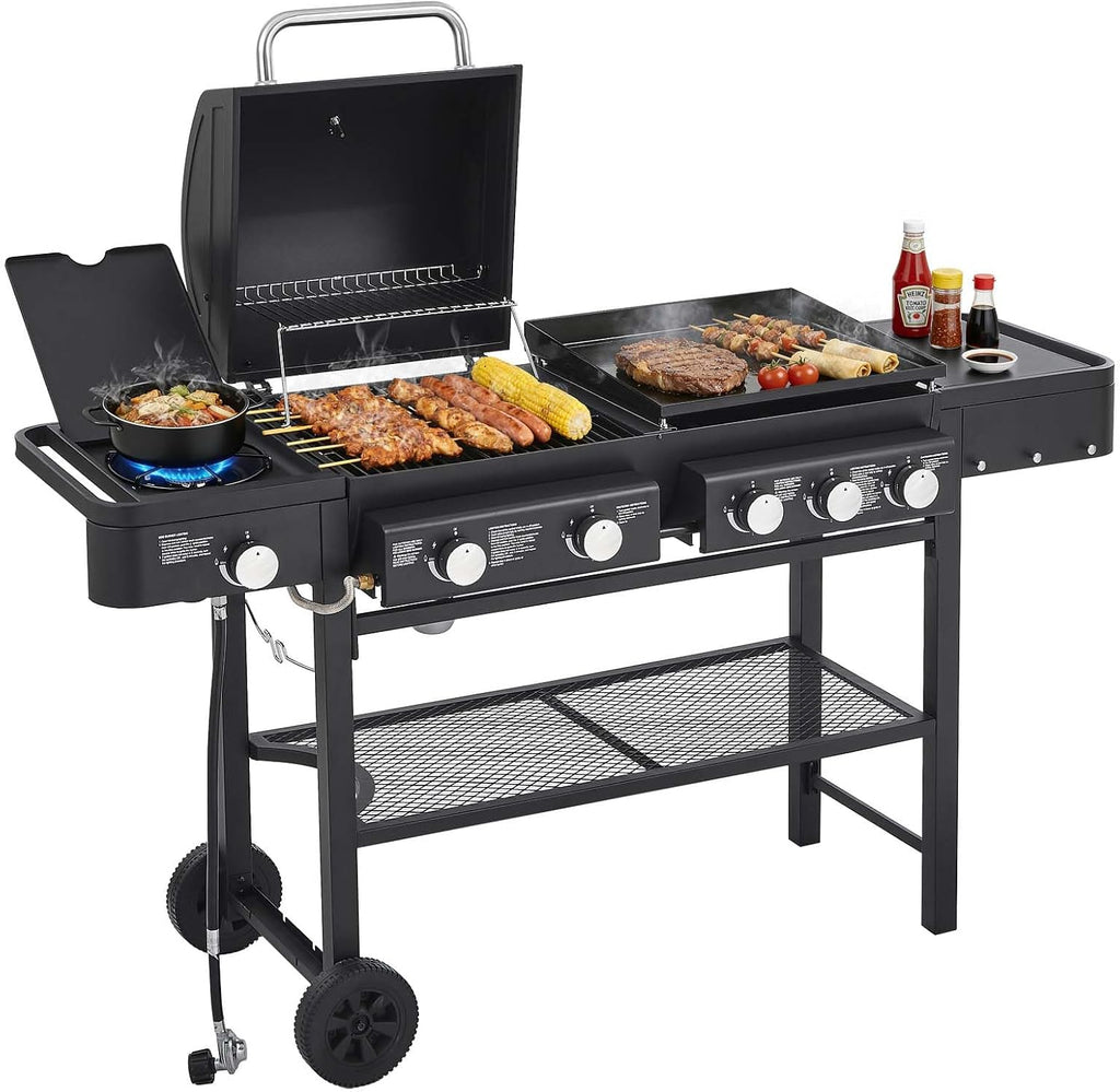 5 Burners Propane Gas Grill and Griddle Combo with Side Burner, 3 in 1 Griddle Grill and Porcelain-Enameled Cast Iron Grates, 56,000 BTU Outdoor Cooking Barbecue Grill, Black