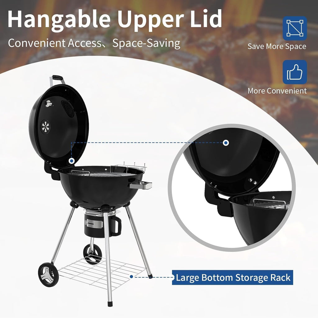 22.5-Inch Portable Charcoal Grill, Heavy Duty Kettle BBQ Smoker with Built-in Thermometer & Removable Water-Rinsable Ash Catcher for Outdoor Camping, Patio, Backyard, and Tailgating