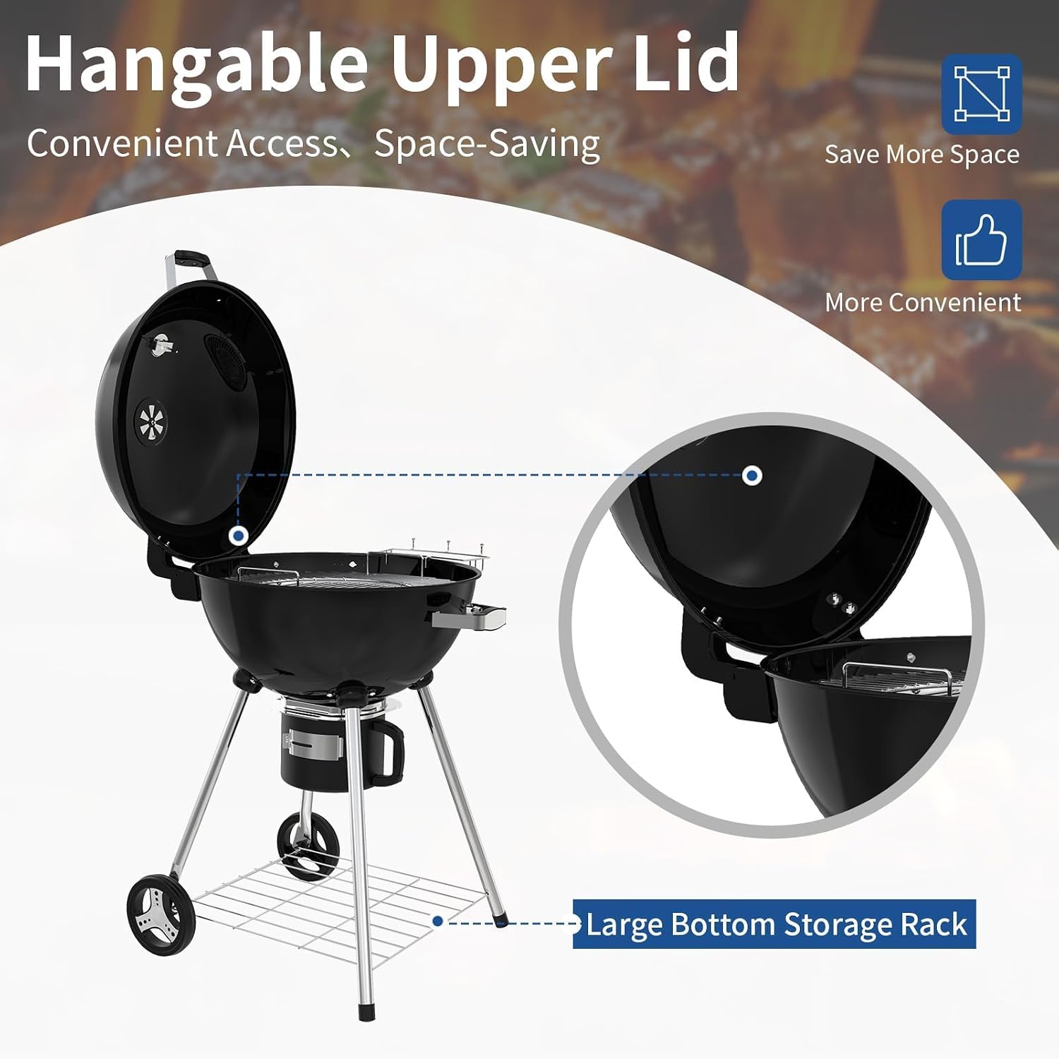 22.5-Inch Portable Charcoal Grill, Heavy Duty Kettle BBQ Smoker with Built-in Thermometer & Removable Water-Rinsable Ash Catcher for Outdoor Camping, Patio, Backyard, and Tailgating