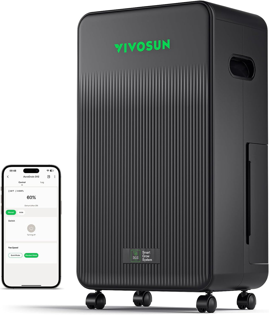 VIVOSUN AeroDrain D12 Smart Environmental Dehumidifier, up to 12L/day, 2L Water Tank, with Temperature & Humidity Sensor Probe, Smart Remote Control, Designed for Grow Tents