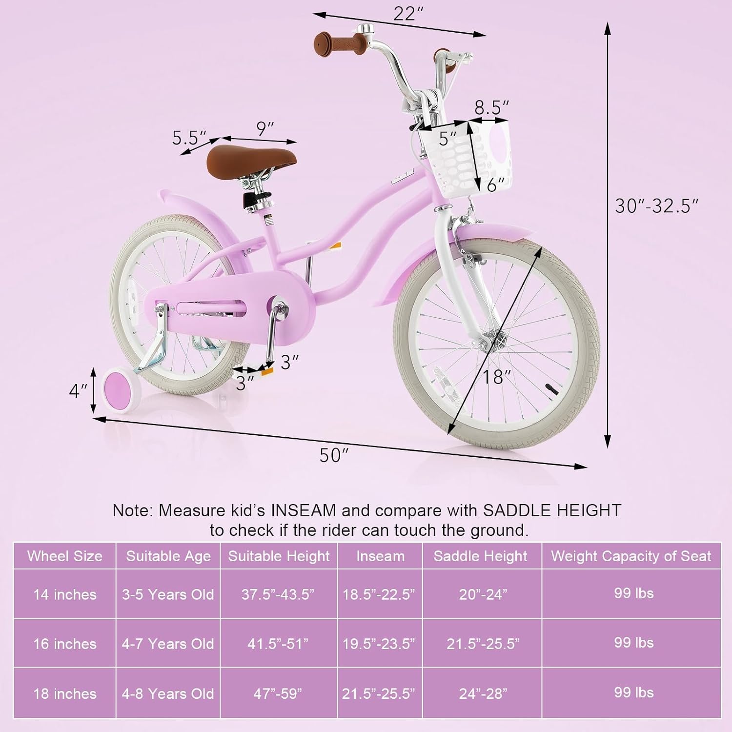 GLACER 12-20 Inch Adjustable Kids Bike, Boys Girls Bike for Age 3-8 Years with Basket, Training Wheels, Handbrake and Coaster Brake, Steel Frame Kids Bicycle