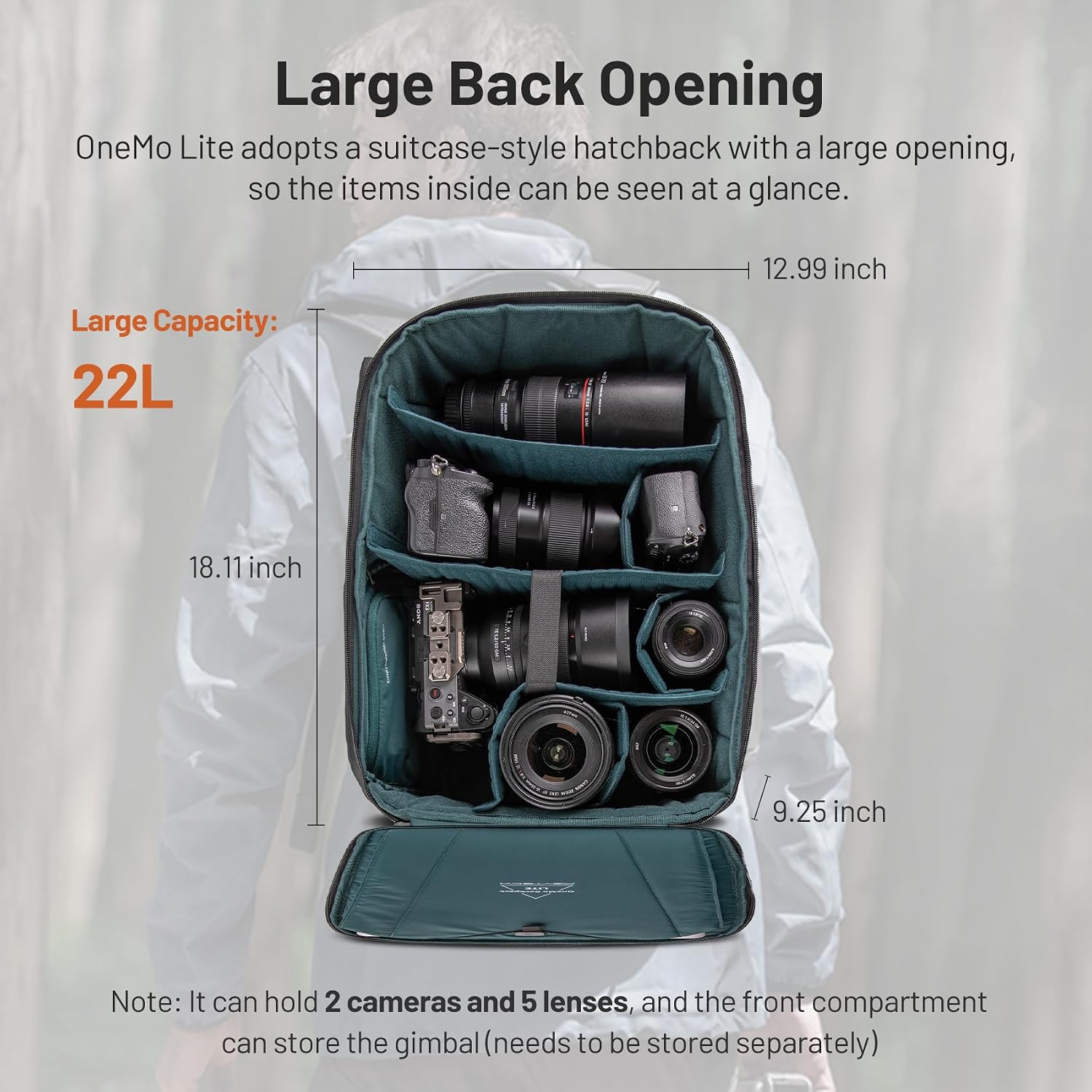 PGYTECH OneMo Lite Camera Backpack 22L for DJI, Sony, Canon, Nikon, OSMO Action/Pocket, DSLR/SLR Mirrorless, Camera Tripod Photographer Bag Gift, Camera Pack Black, Weekend Bag