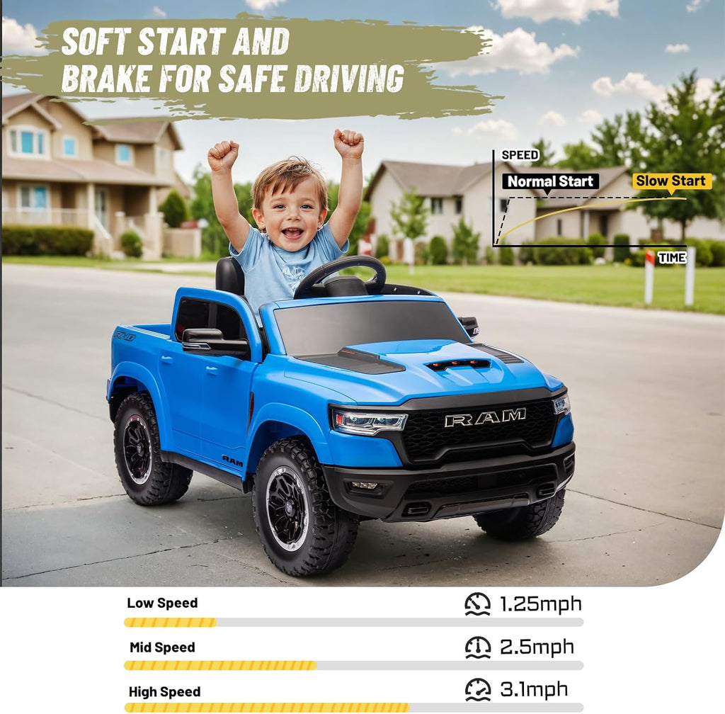 YOFE Ram 1500 RHO Ride on Car for Kids,12V Electric Truck Car with Remote,Kids Ride on Toy Car with Raised Windows,Safety Belt,Bluetooth,Music for Age 3-8 (Blue)