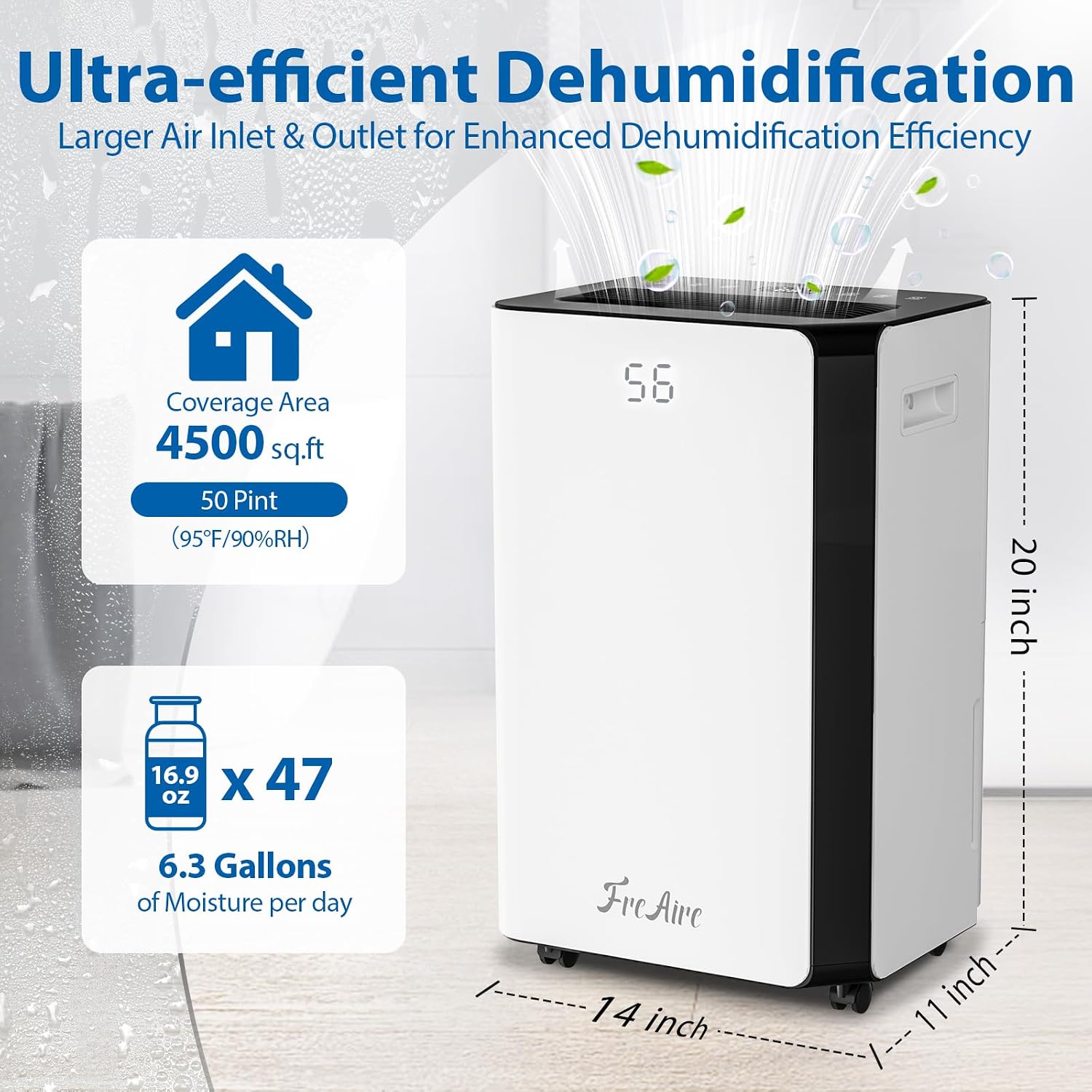 FreAire 4,500 Sq. Ft. Dehumidifier for Basement Large Room | Humidity Control | 50 Pint Dehumidifiers with Auto or Manual Drainage for Home Bathroom | 24H Timer | 3 Operation Modes | Safe Lock White