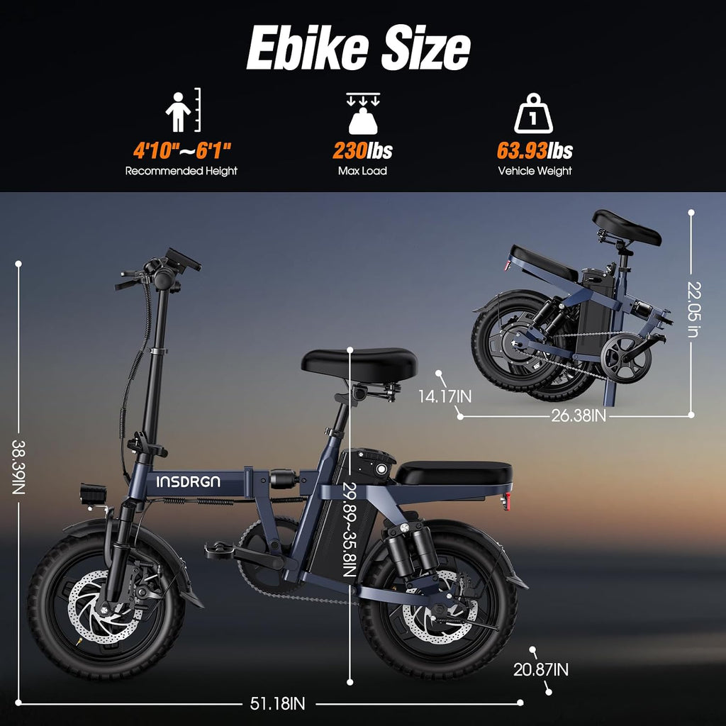 INSDRGN Electric Bike for Adults and Teens, 14' Folding E Bikes, 650W Peak Motor, 48V 499Wh/768Wh Removable Battery, 28-50 Miles PAS Range, 20MPH Electric Mountain Bike, 9 Shock Absorbers, UL 2849
