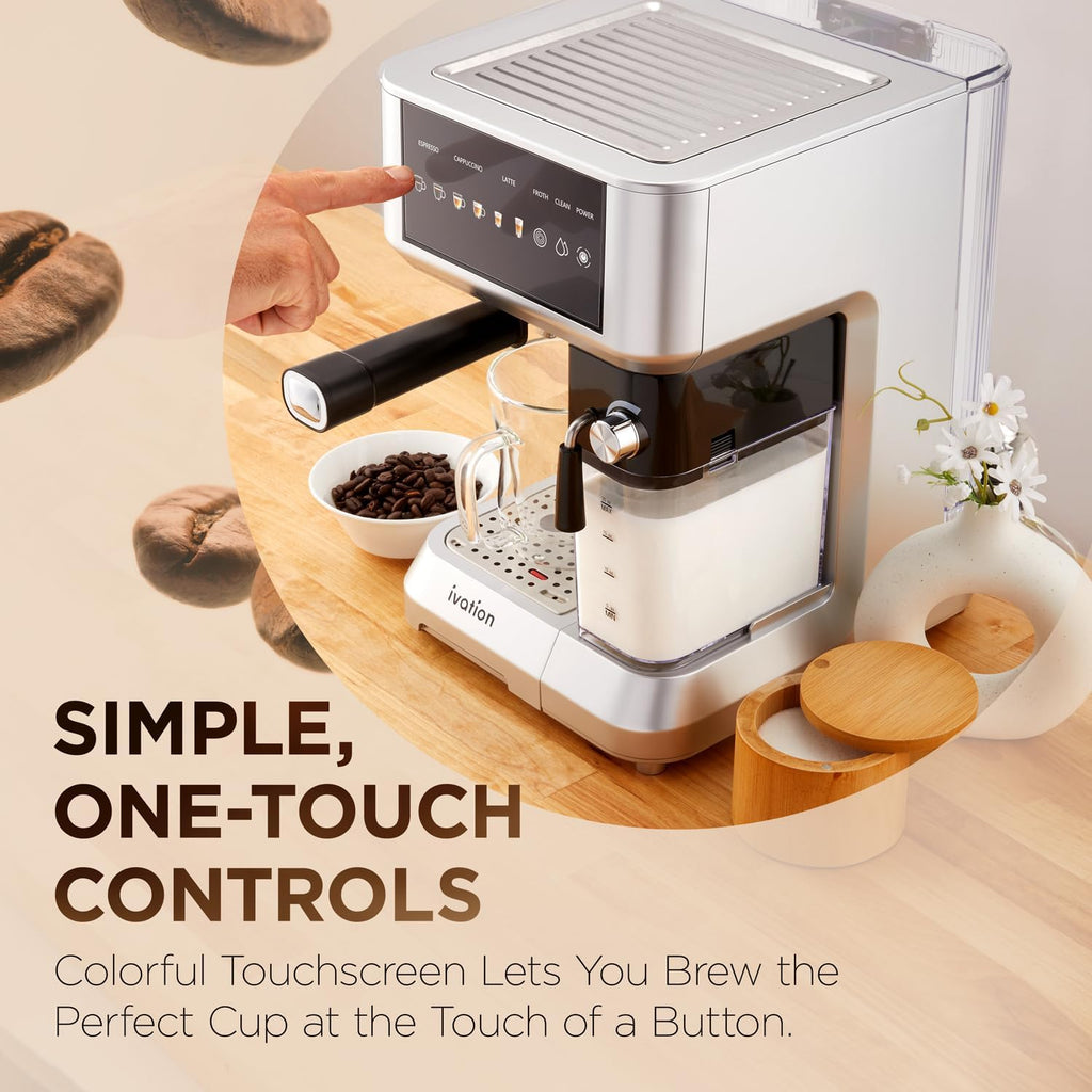 Ivation Espresso & Cappuccino Maker w/Milk Frother | 58mm | Coffee Machine for Home | Single & Double Shots | Espresso, Cappuccino, Latte, & Froth | Auto-Clean & Descale - Detachable Milk Reservoir