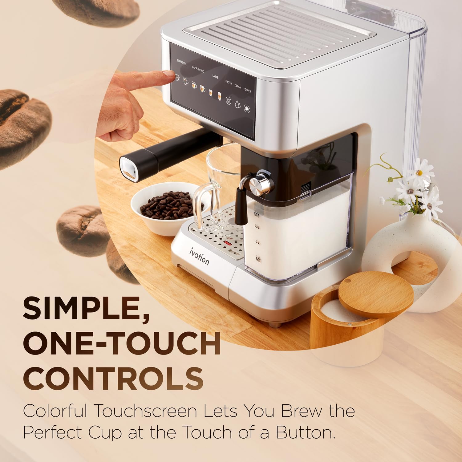 Ivation Espresso & Cappuccino Maker w/Milk Frother | 58mm | Coffee Machine for Home | Single & Double Shots | Espresso, Cappuccino, Latte, & Froth | Auto-Clean & Descale - Detachable Milk Reservoir