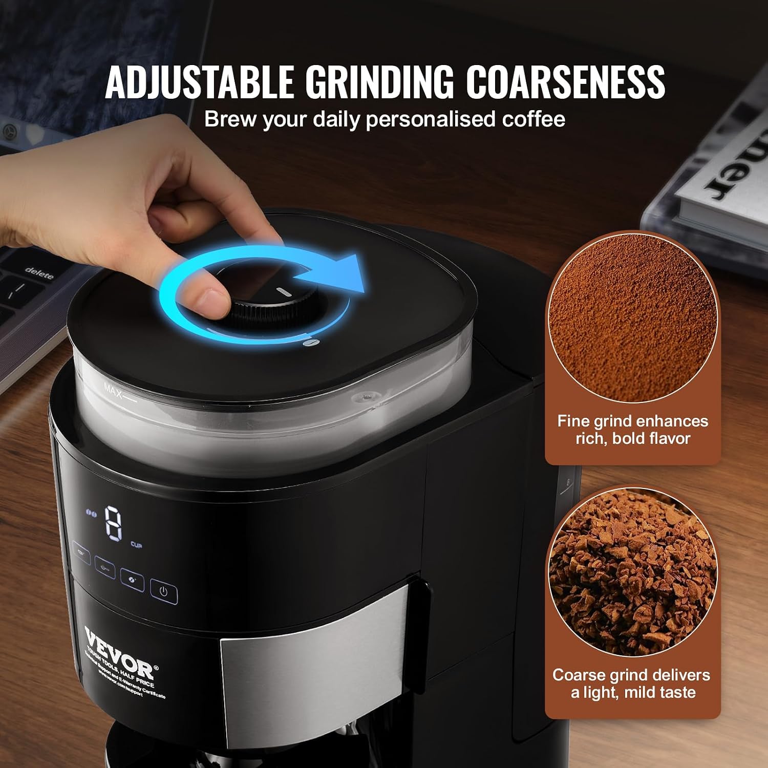 VEVOR Coffee Maker with Grinder, 8 Cup Programmable Coffee Machine, Grind and Brew Coffee Maker with 3 Brew Strength Control, Reusable Filter, Removable Water Tank, for Home Office Restaurant