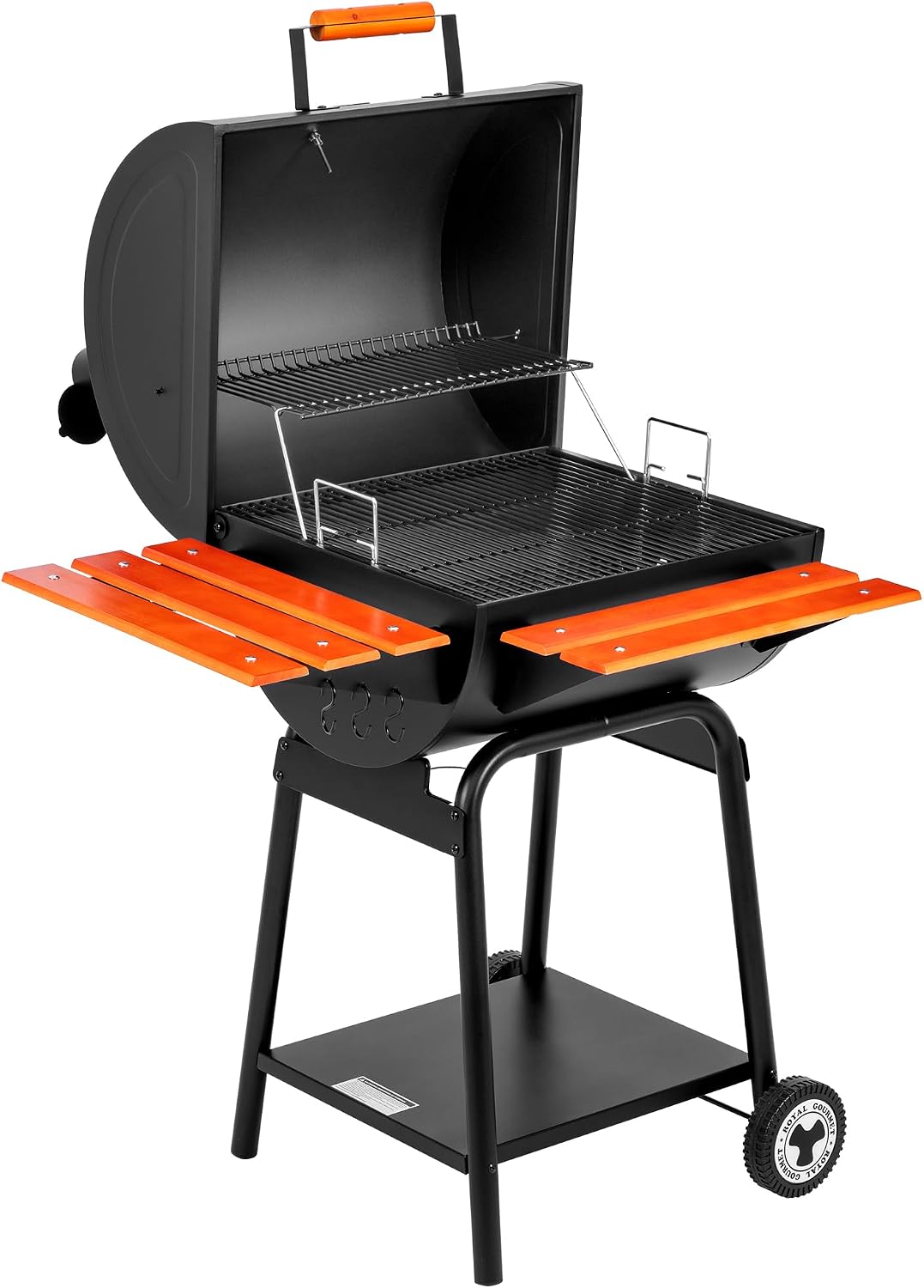Royal Gourmet CC2024 24 Inch Charcoal Barrel Grill with Warming Rack, Outdoor BBQ Grill with Wooden Front and Side Shelves, for Backyard, Patio and Parties, Black