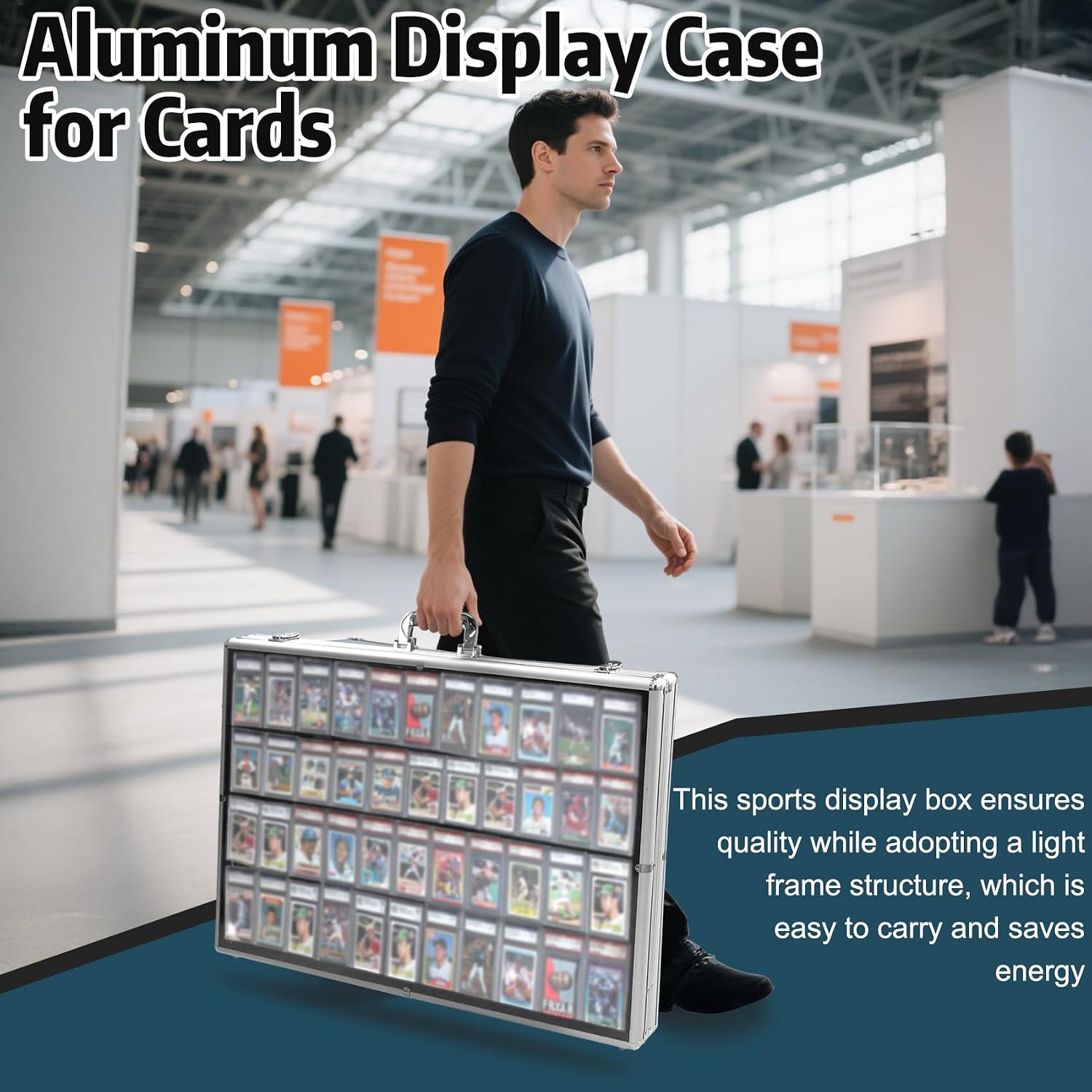 Silver Large 34'x22' Aluminum Show Card Display Case, Lockable Trading Card Display Case with Handle, Sports Card/TCG/Jewelry Display Box Silver