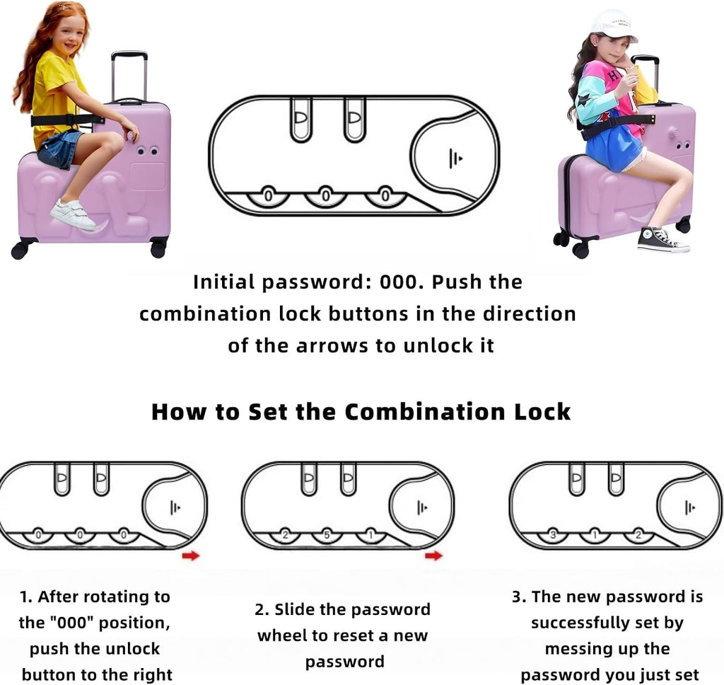 Ride on Kids Luggage, 24' Carry-on Suitcase with Double-row Universal Wheels Portable Rolling Luggage with Password Lock Unisex Riding Suitcase for Ages 4-12, Pink