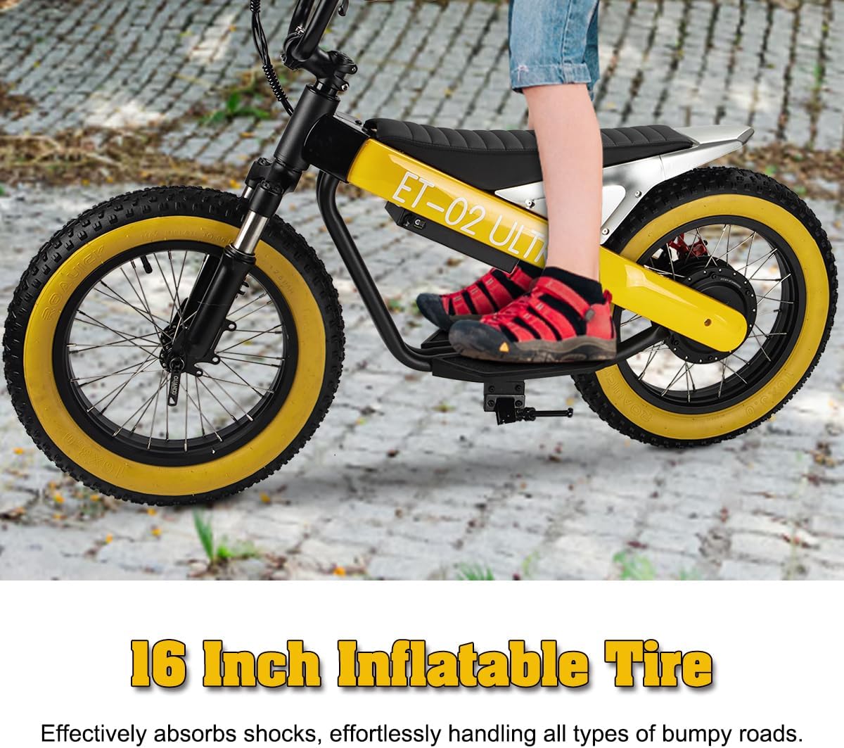 Electric Balance Bike, 750W Motor, 18Miles Long Range & 19Mph, 16' Fat Tire Electric Dirt Bike for Ages 6-11, Front Suspension, Dual Brake Off-Road Electric Motorcycle for Boys Girls (Yellow)