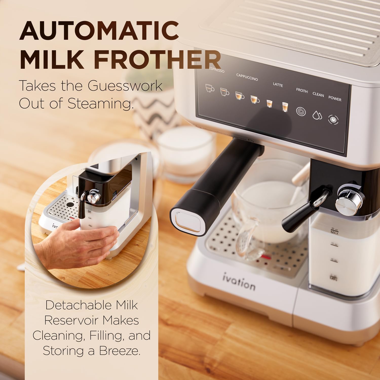 Ivation Espresso & Cappuccino Maker w/Milk Frother | 58mm | Coffee Machine for Home | Single & Double Shots | Espresso, Cappuccino, Latte, & Froth | Auto-Clean & Descale - Detachable Milk Reservoir