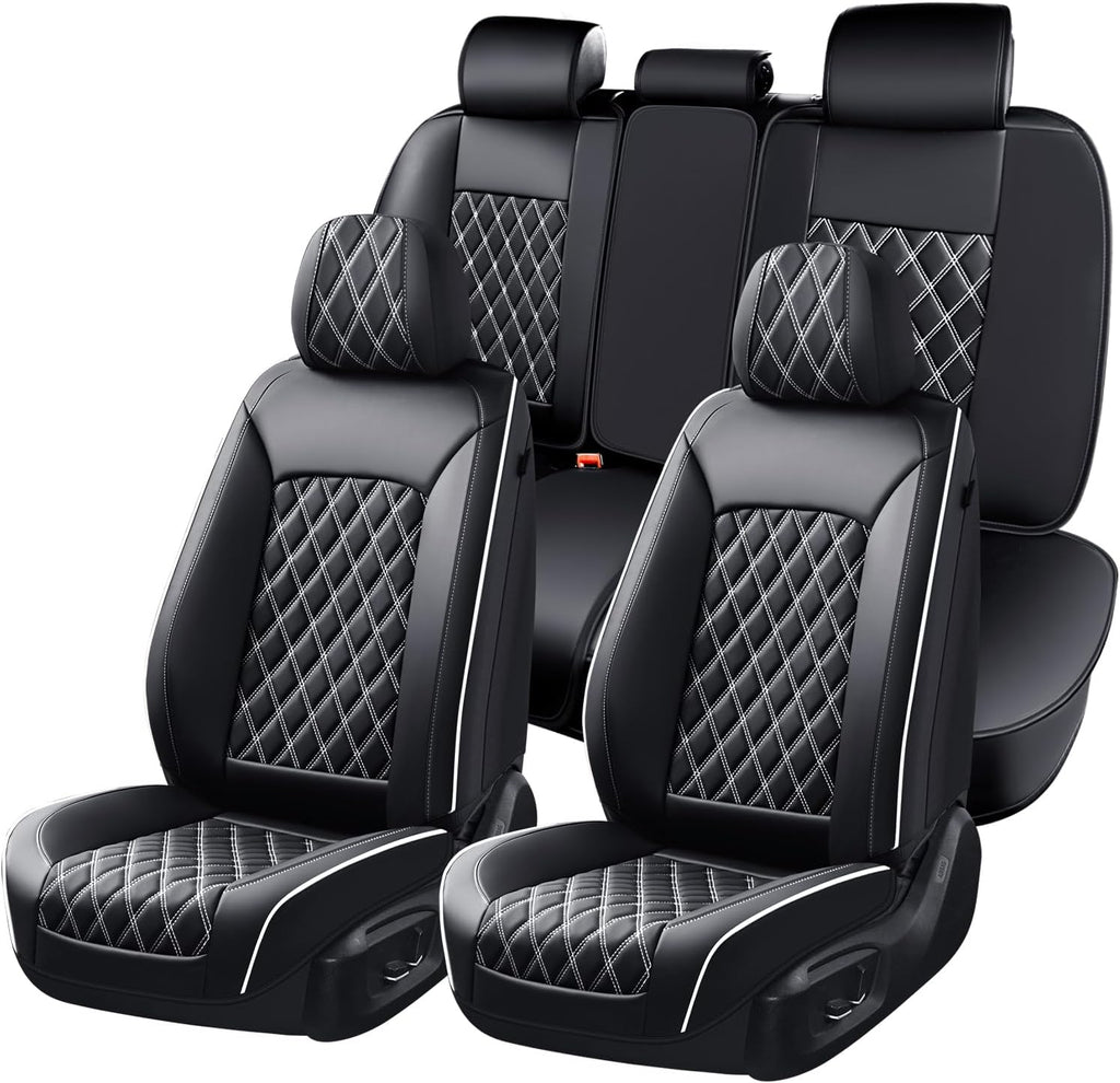 Huidasource Universal Car Seat Cover, Nappa Leather Car Seat Cover Set, Velcro Adjustable, Compatible with Airbags, Armrests, Child Seat, fit for Most Cars, Vans, Trucks, SUVs (Full Set/Black&White)