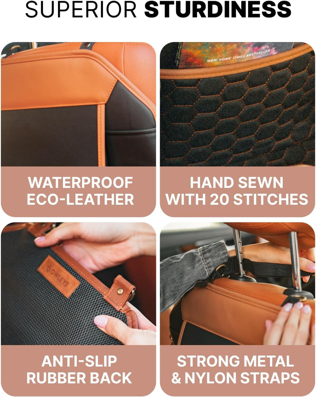 Owleys Car Seat Organizer Backseat Back Organizers & Storage Of Automotive Seatback Toy Organization For Kids Black Brown Tan 2 pc
