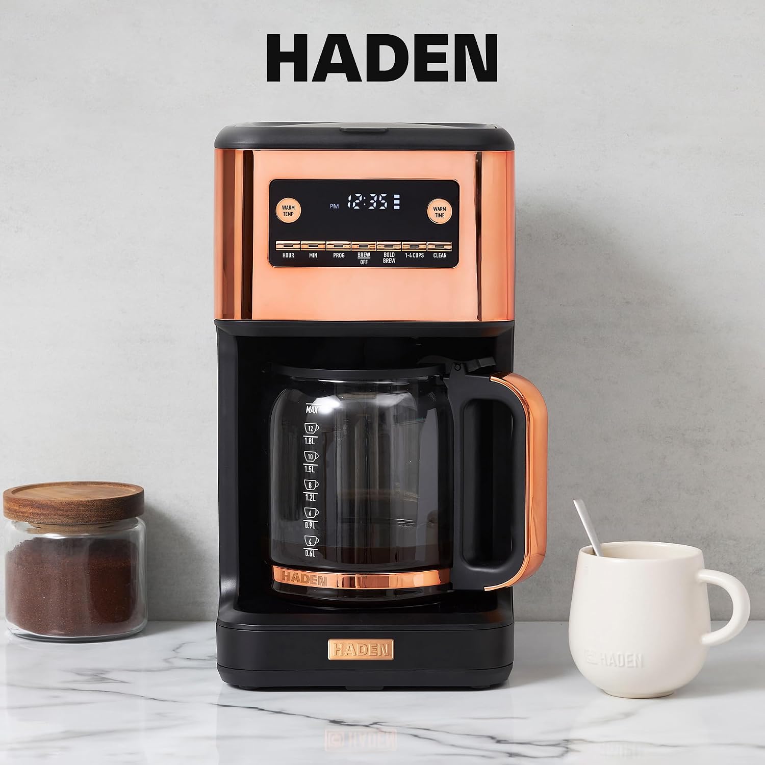 HADEN Generous Brew 14 Cup Coffee Maker with 120 Minute Keep Warm, Delay Brew, Adjustable Strength, Programmable Clock, and Anti Drip, Black/Copper