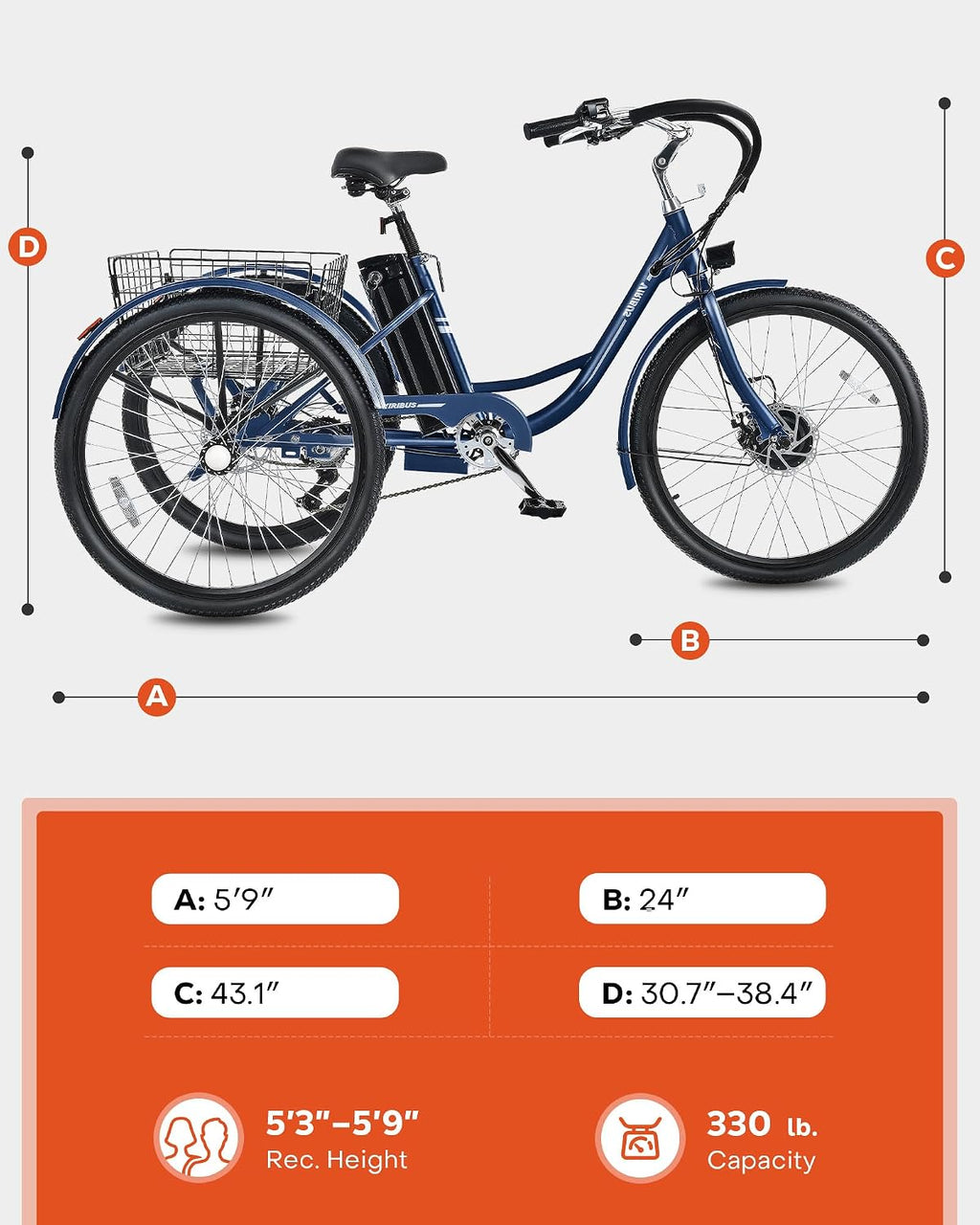 VIRIBUS Electric Tricycle for Adults, 24 26 inch Electric Trike with 468Wh Removable Battery, 250W/350W(Peak 500W) 3 Wheel Electric Bikes for Seniors, Motorized Adult Tricycles Women Men 330 lb.