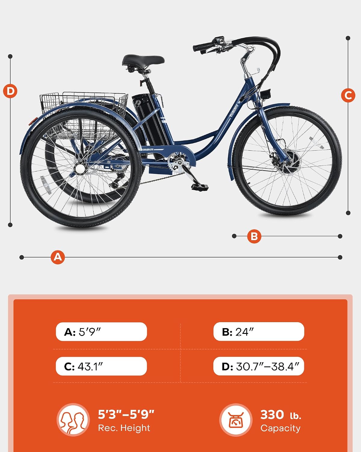 VIRIBUS Electric Tricycle for Adults, 24 26 inch Electric Trike with 468Wh Removable Battery, 250W/350W(Peak 500W) 3 Wheel Electric Bikes for Seniors, Motorized Adult Tricycles Women Men 330 lb.