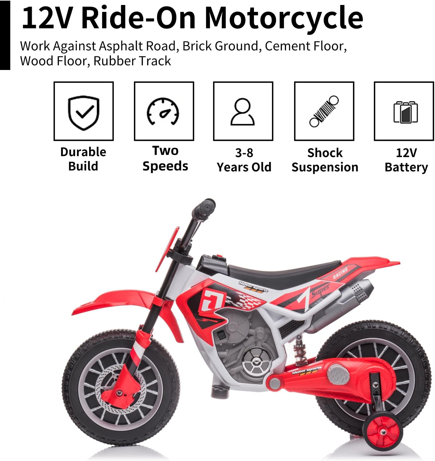 12V Electric Ride On Motorcycle for Kids Battery Powered Electric Dirt Bike Birthday Presents for Kids with Training Wheels 2 Speeds Music Player Shock Absorber, Red