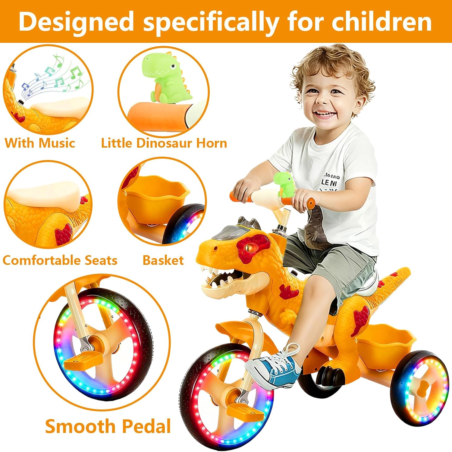 NMM Dinosaur Tricycle for Toddlers, Kids Trike with Music, LED, Tricycles for 3-5 Year Olds, for Rider, Big Wheel, Storage Basket, Horn, Toddler Bike for Boy, Dinosaur Toys for Kids 2-4 4-7
