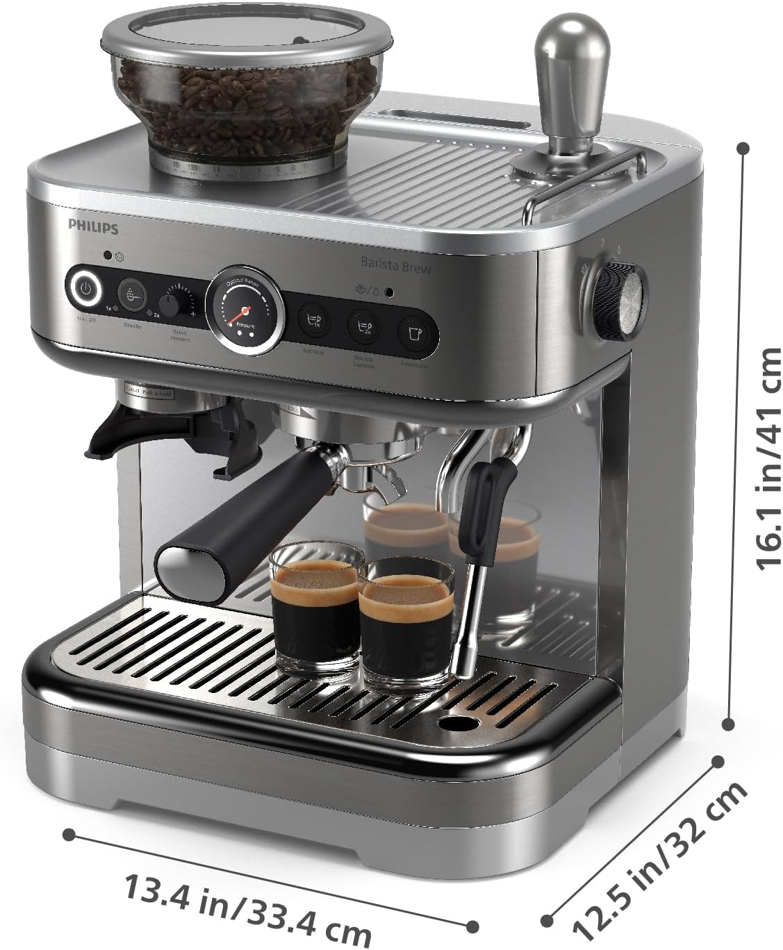 Philips Barista Brew Semi Automatic Espresso Machine - Single & Double Espresso,Americano, 250g Bean Container+Grinder+Milk Jug with temperature indicator,Calibrated Tamping,Metal Silver (PSA3218/01)