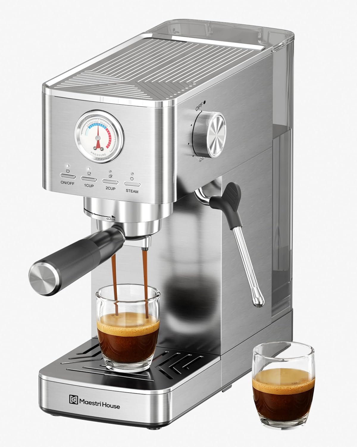 Maestri House Espresso Machines 20 Bar ULKA Pump, Compact Espresso Maker Built-in Flow Meter Steam Milk Frother, 43oz Removable Water Tank Stainless Steel Coffee Machine for Cappuccino (Sliver)