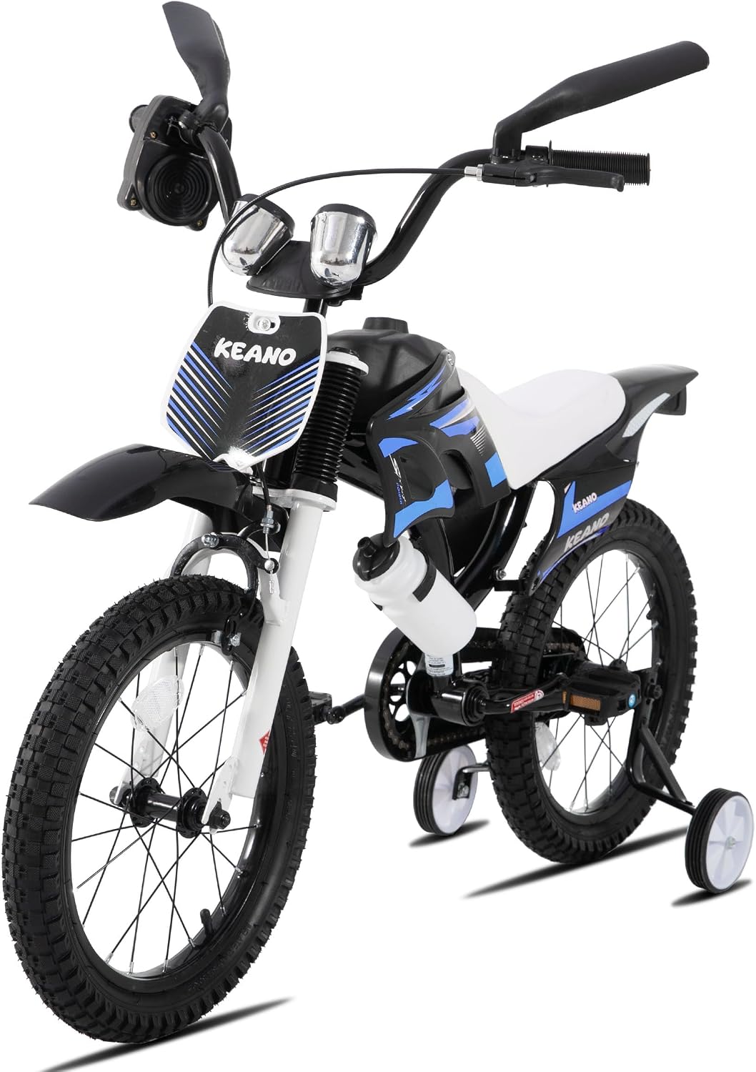 KEANO Motocross Style Kids Bike for Boys Girls Ages 3-7 Years, 12 & 16 Inch Bikes with Training Wheels and Number Plate, Children Bicycles Black