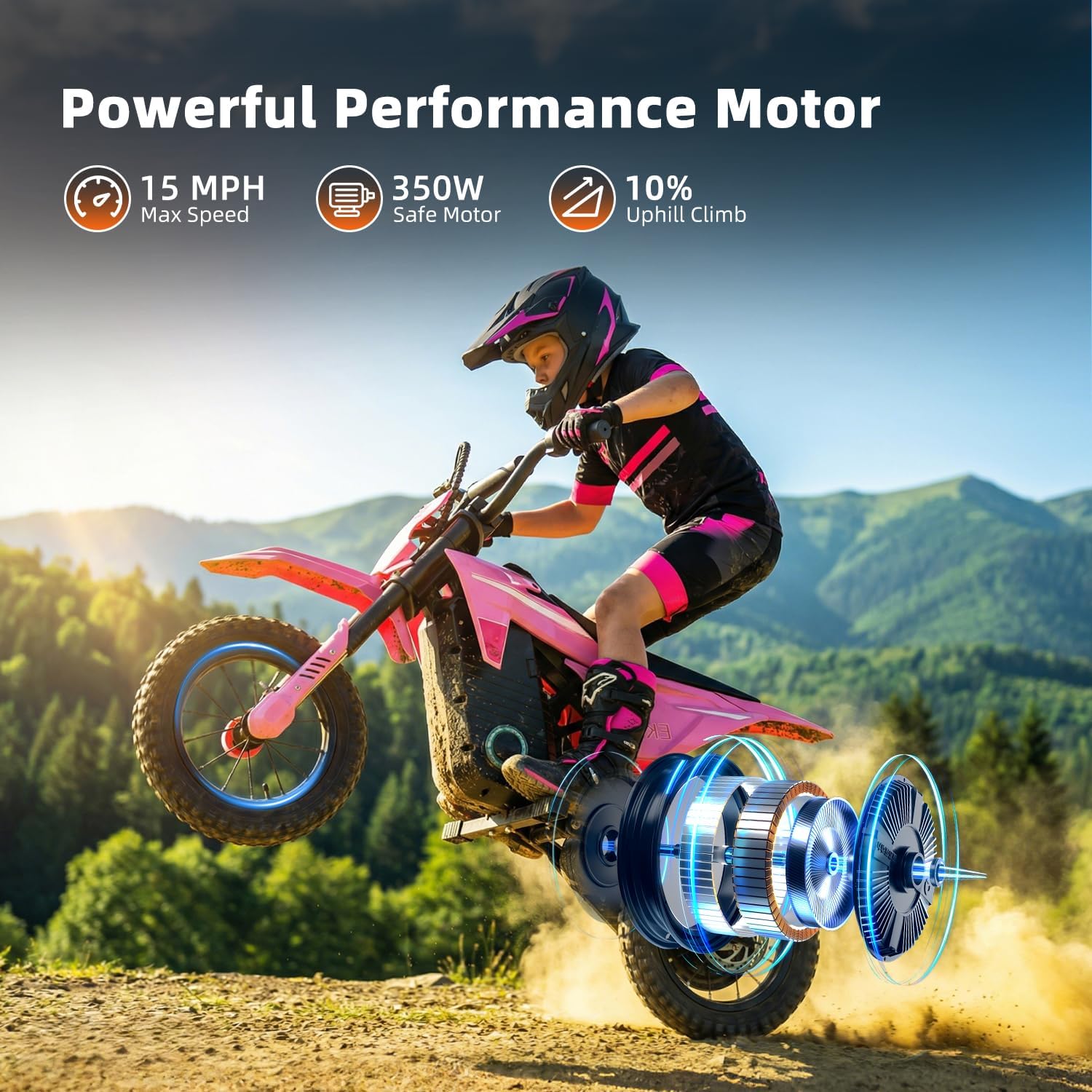 EK2 Kids Electric Dirt Bike, 350W Motor, 15 MPH Max Speed, 36V 5.2Ah Lithium Battery 12 Miles Max Range, Electric Motorcycle for Kids Aged 5-10, Pink