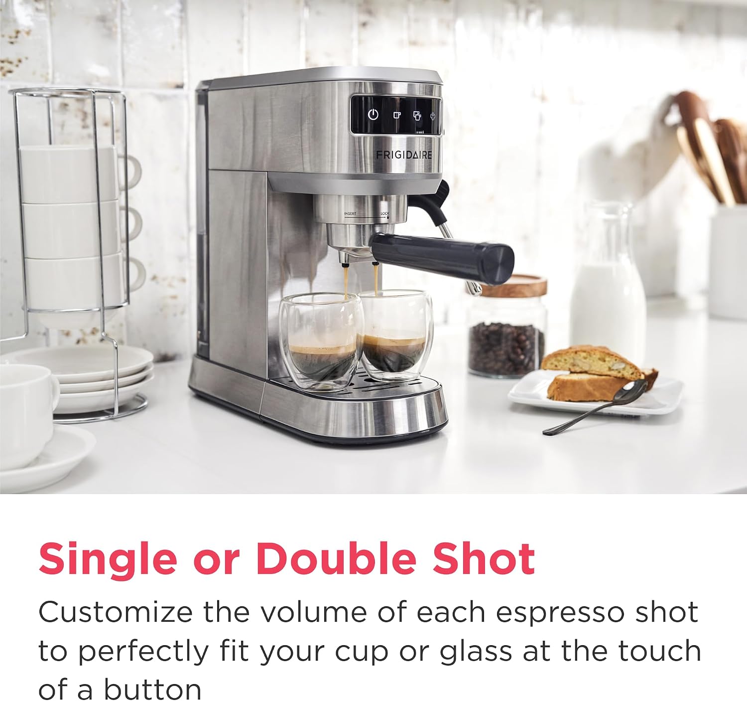 Frigidaire Steam Espresso Maker, Coffee Machine with Milk Frother & Cup Warmer, 20 Bar Pressure, 34 oz Removable Water Tank, Single or Double Shot, Stainless Steel