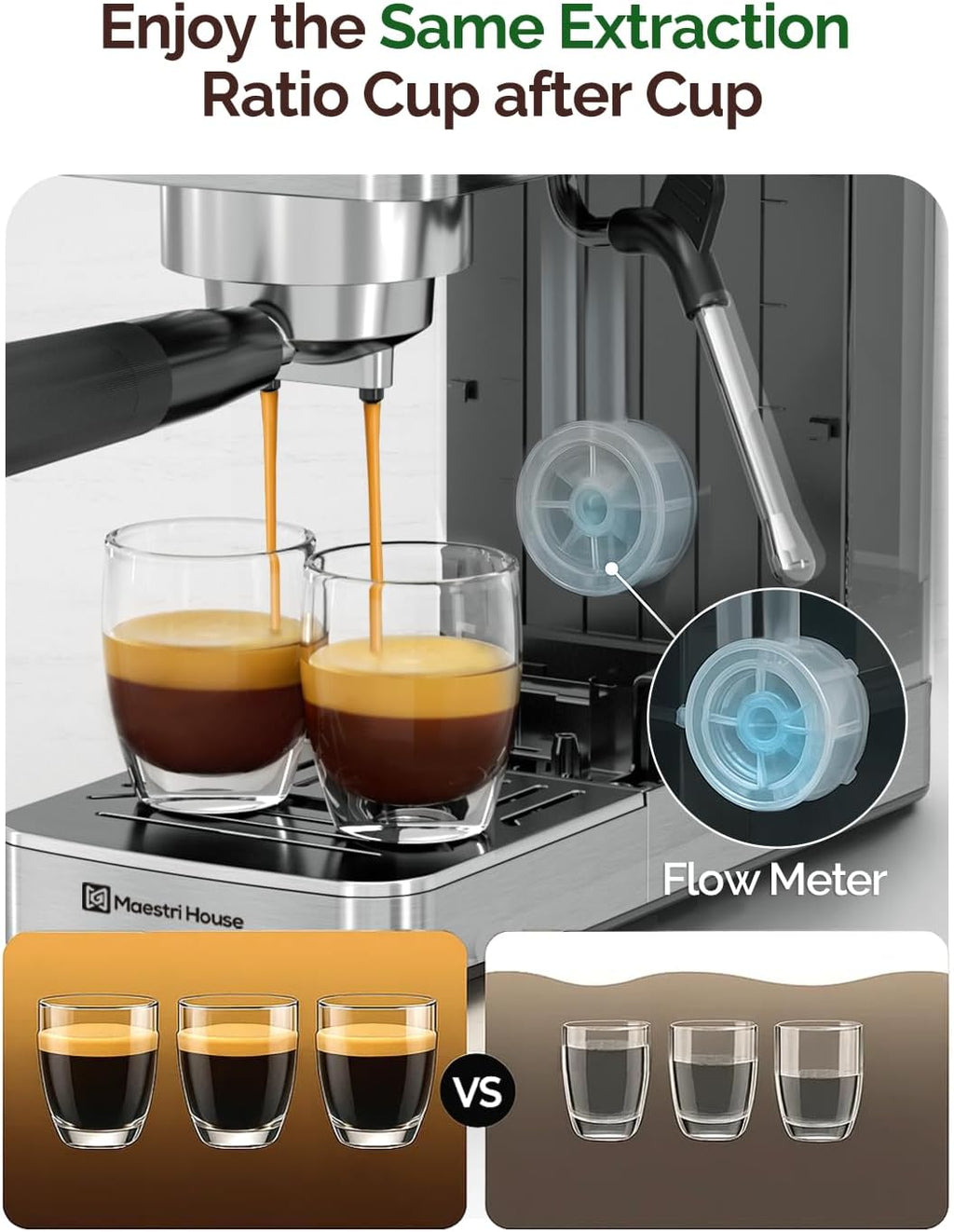 Maestri House Espresso Machines 20 Bar ULKA Pump, Compact Espresso Maker Built-in Flow Meter Steam Milk Frother, 43oz Removable Water Tank Stainless Steel Coffee Machine for Cappuccino (Sliver)