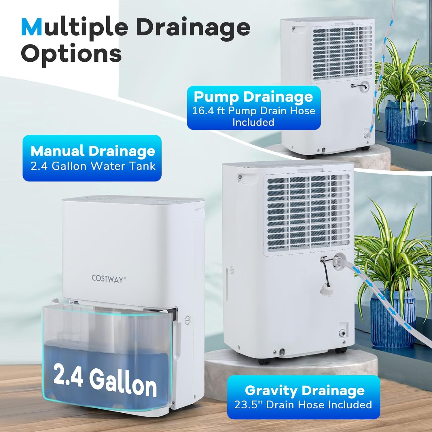 COSTWAY 150 Pints Dehumidifier with Pump, 7000 Sq.Ft Portable Home Dehumidifier for Basements with 2 Modes & 3 Fan Speeds, 2.4 Gallon Tank,16.4 FT Pump Drain Hose